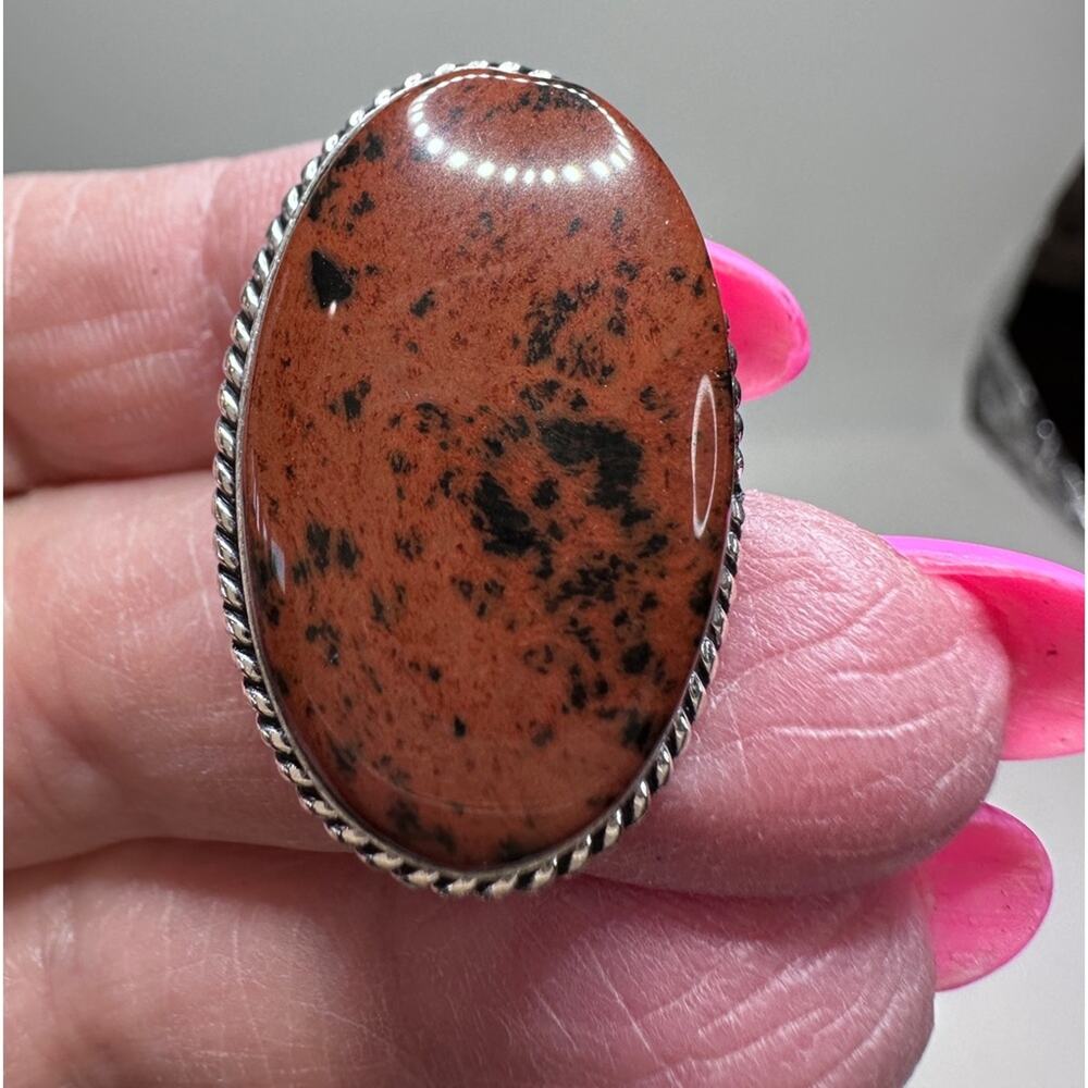 Mahogany Jasper natural gemstone ring, silver plated, stamped‎ 925 size 7.5.